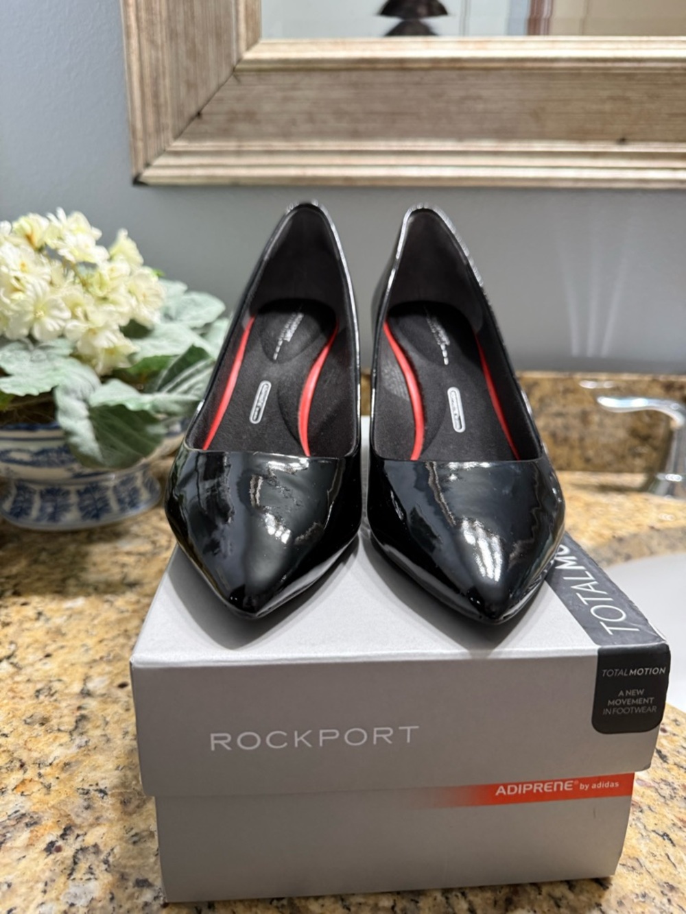 Rockport Black Patent Pointed-Toe Pumps with Red Insole Accent